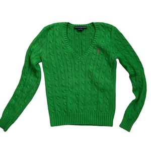 Ralph Lauren Sport Sweater Green Cable Knit Sleeve Long Sleeve V Neck